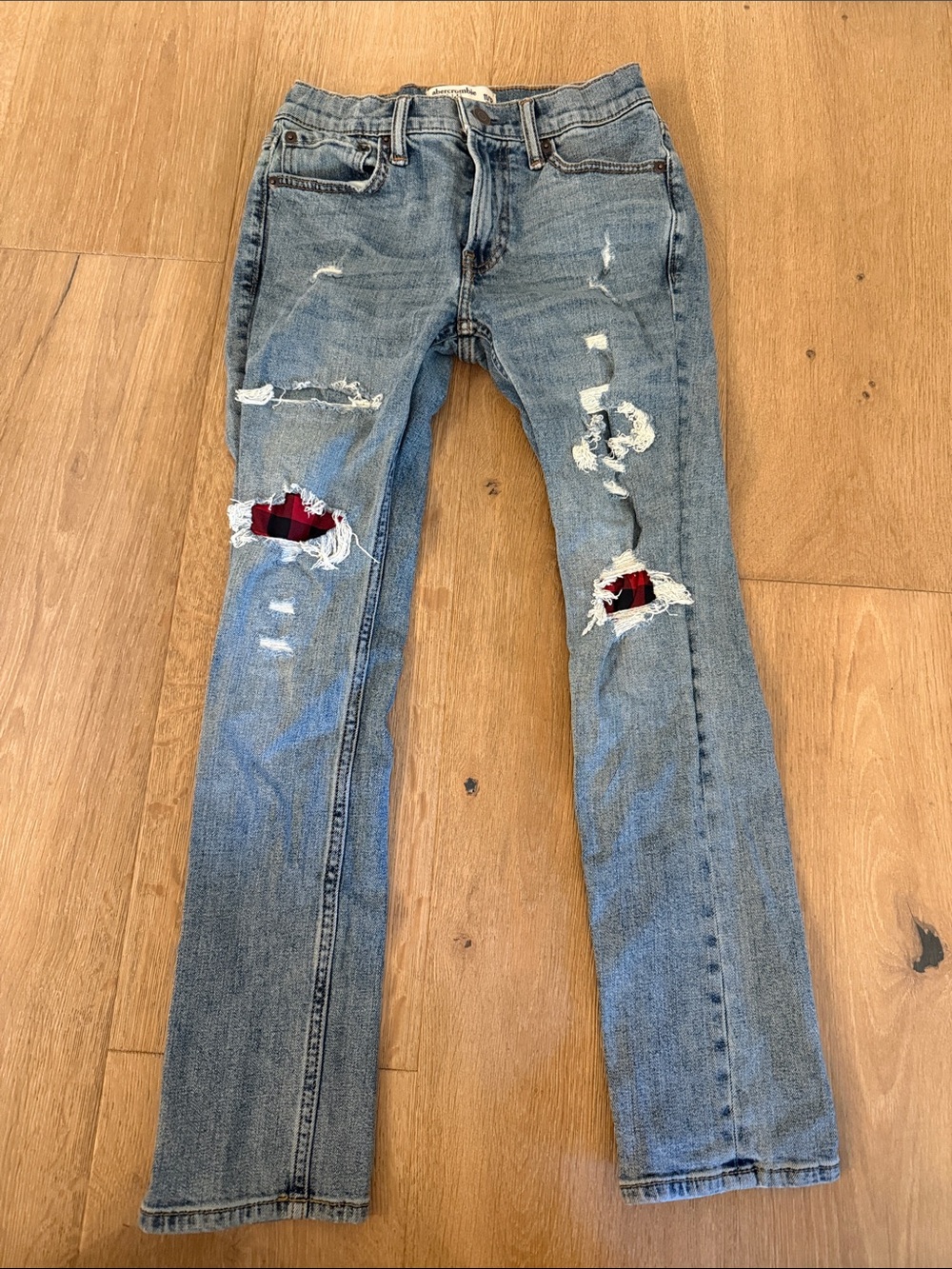 abercrombie kids Light Blue Distressed Skinny Jeans with Red Plaid Patches